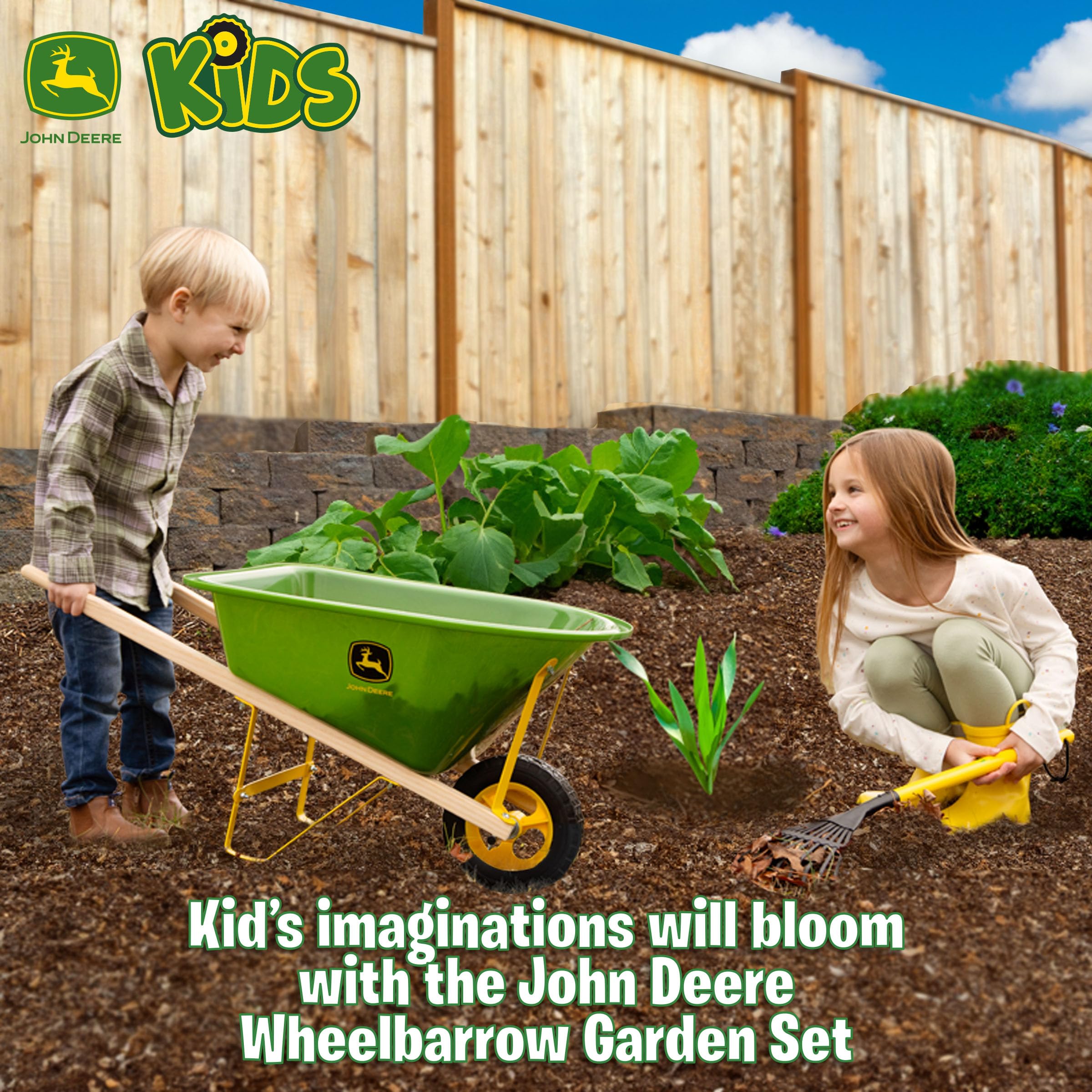 John Deere Deluxe leaf rake toy helps little gardeners nurture pretend beds.