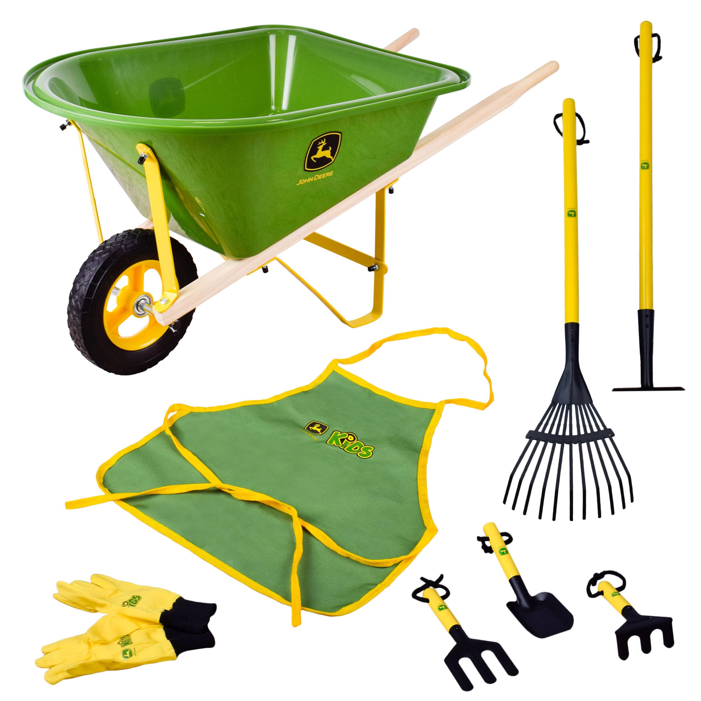 John Deere Deluxe wheelbarrow with metal frame and wooden handles for sturdy outdoor play.