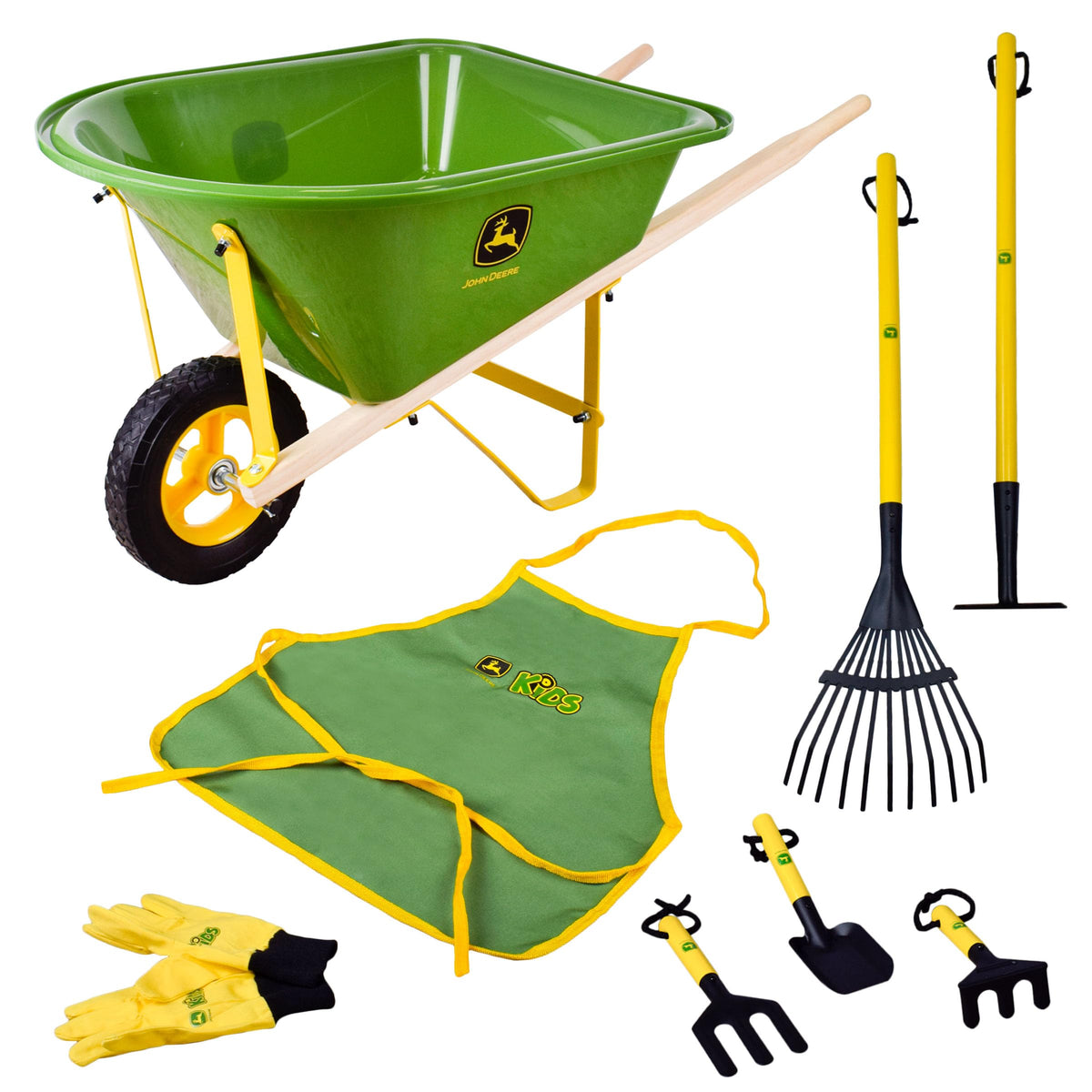 John Deere Deluxe wheelbarrow with metal frame and wooden handles for sturdy outdoor play.