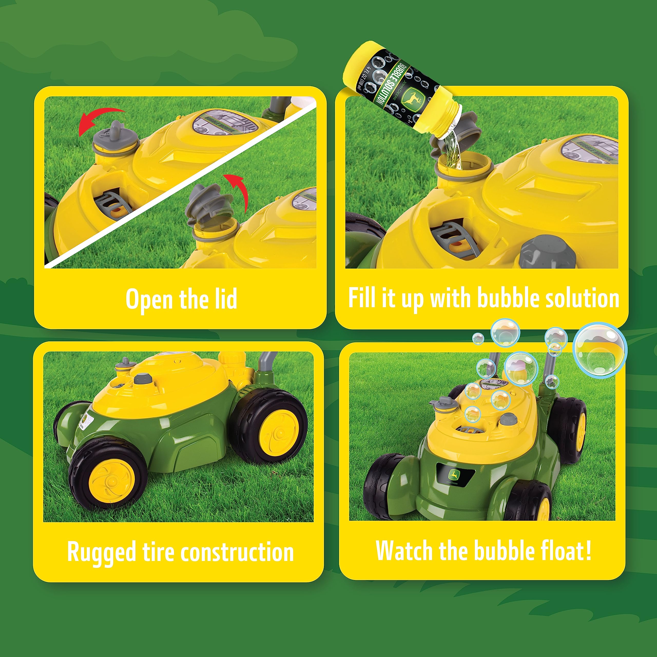 Lifelike John Deere details enhance realistic, imaginative yard work play.