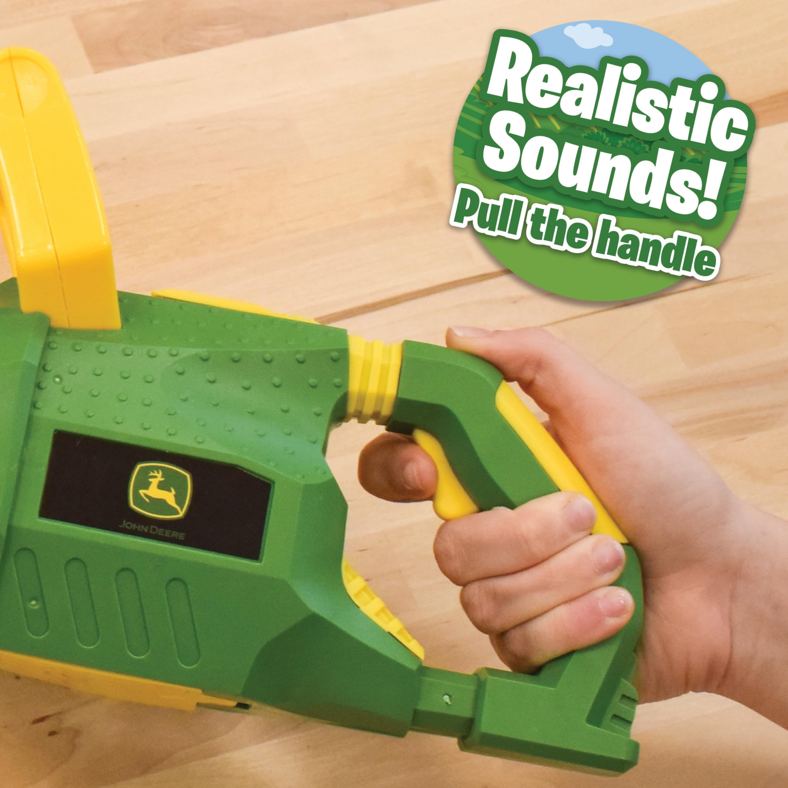 John Deere weed trimmer tilting head enables versatile backyard play.