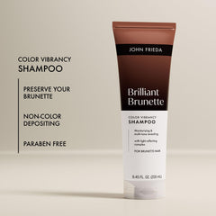 Closeup of creamy lather from John Frieda Brilliant Brunette Color Vibrancy Shampoo