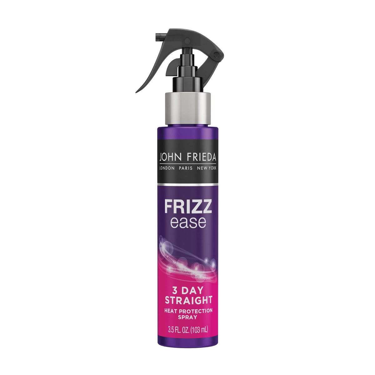 John Frieda Frizz Ease 3 Day Straight bottle demonstrates keratin-based heat protection for sleek styling.