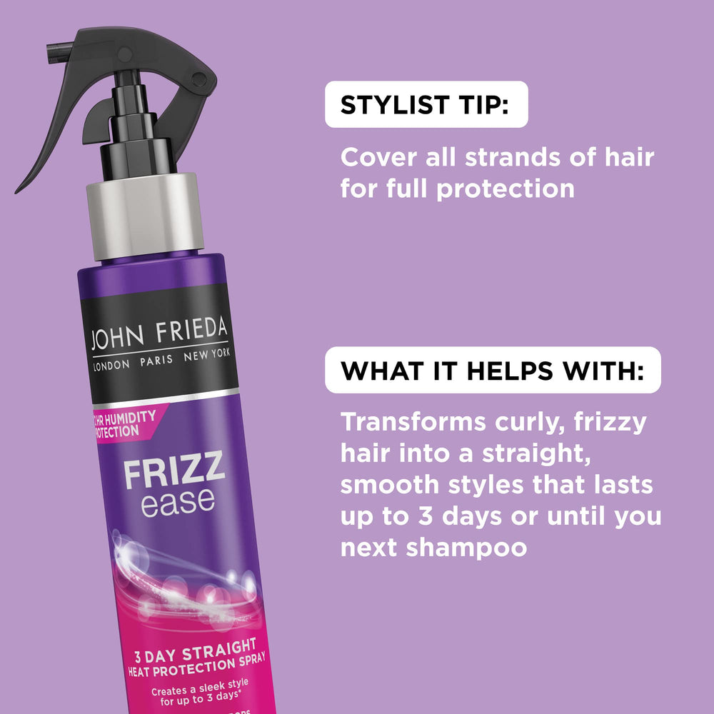 John Frieda Frizz Ease 3 Day Straight mist-dispense image shows quick, even application for frizz control.