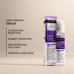 Serum applied to dry hair targeting frizz-prone areas.