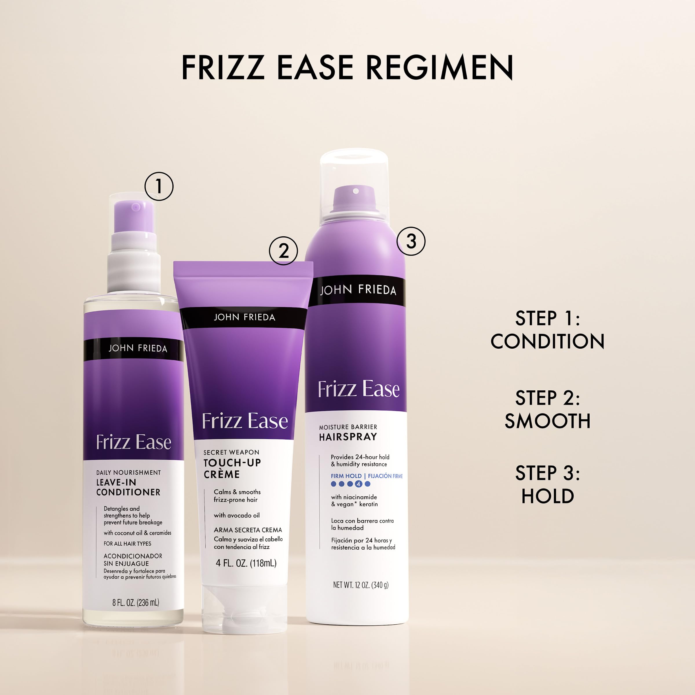 John Frieda packaging spotlights cruelty-free and phthalate-free formula.