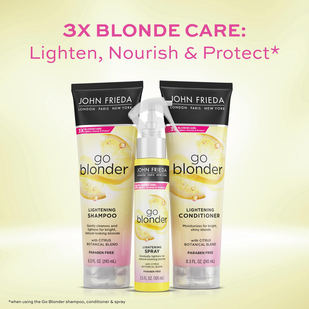 John Frieda Go Blonder Lightening Spray bottle label highlights cruelty-free and recycled packaging