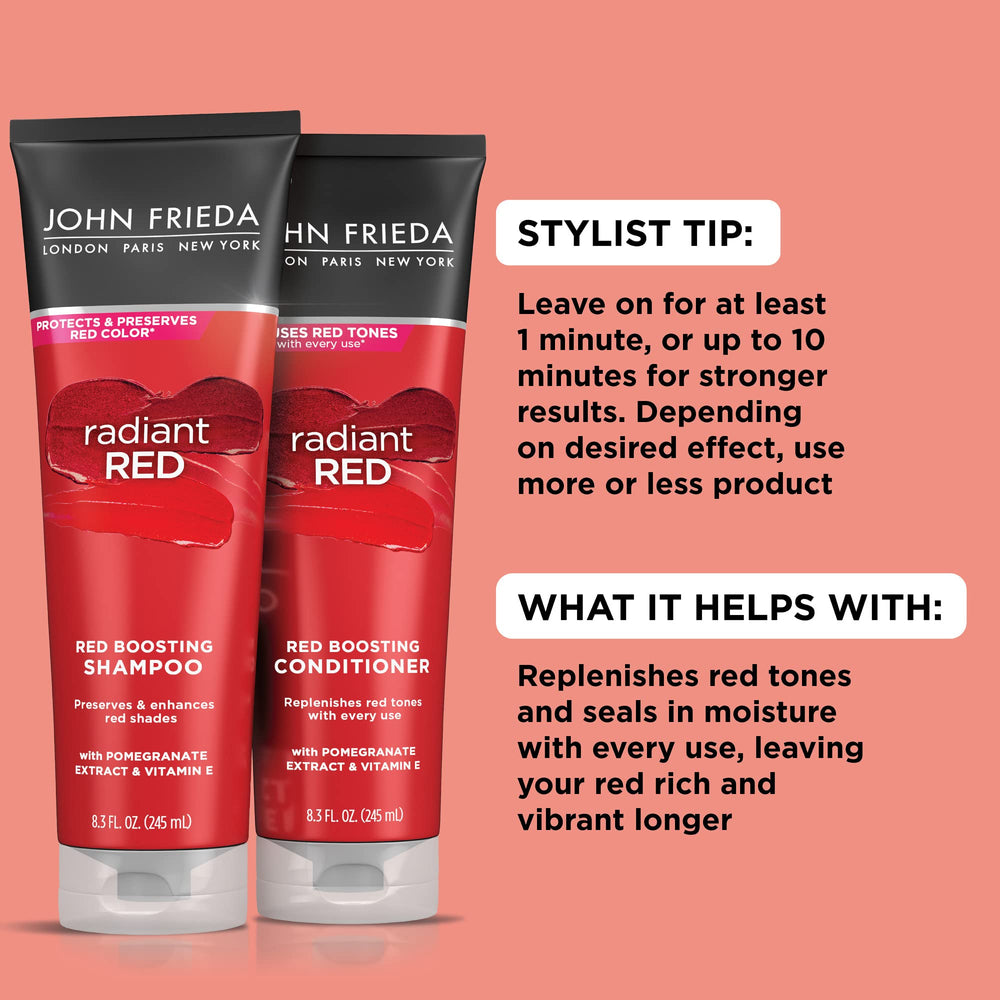 John Frieda Radiant Red shampoo container closeup highlights hydrating formula for vibrant red tones