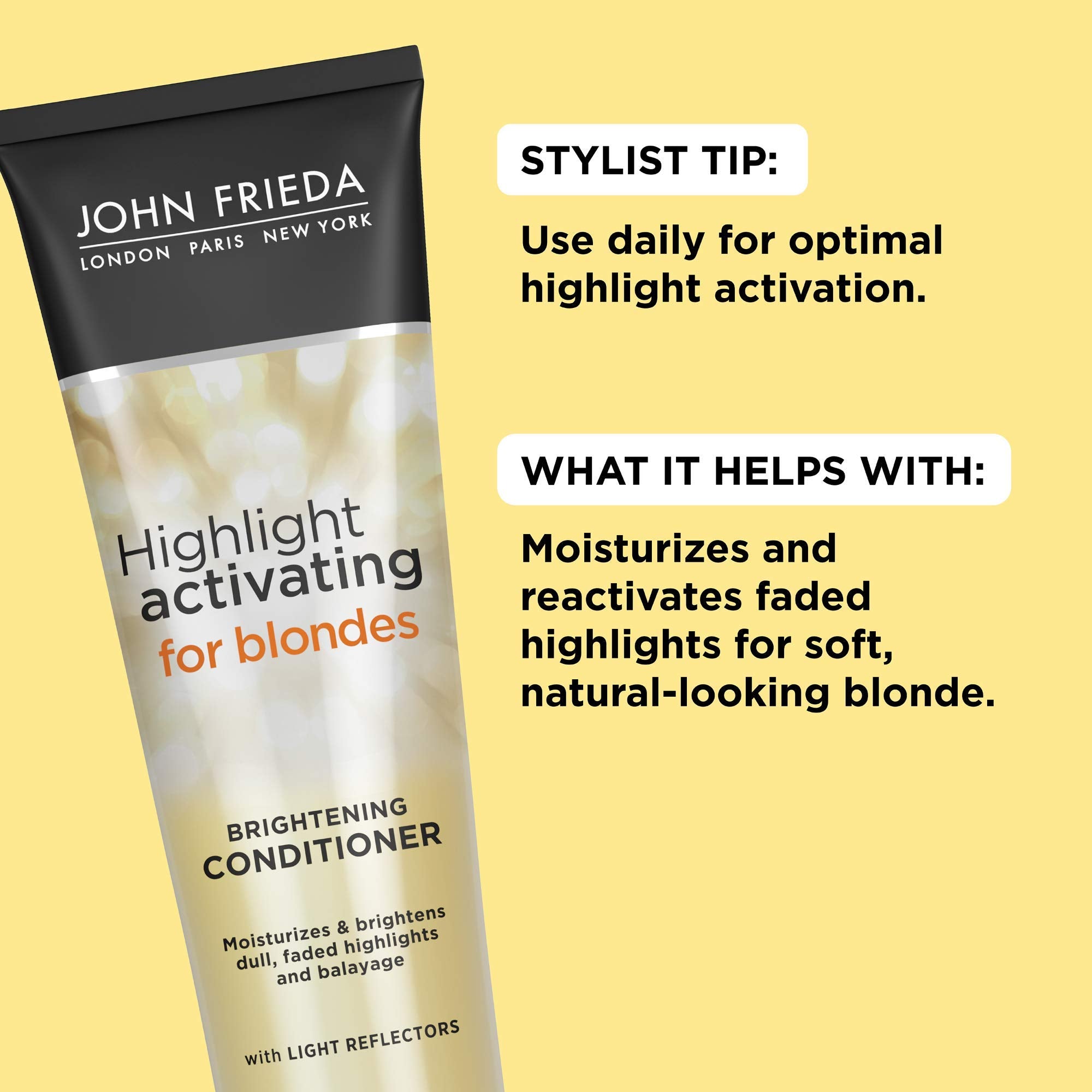 Bottle label closeup on John Frieda Sheer Blonde highlighting color-safe formula