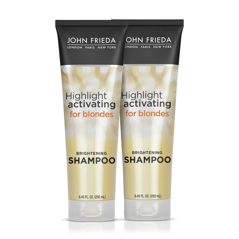 John Frieda Sheer Blonde Brightening Shampoo bottle reviving dull highlights.
