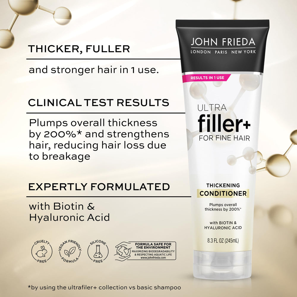 John Frieda ULTRAfiller+ conditioner label highlights biotin and hyaluronic acid for stronger hair.