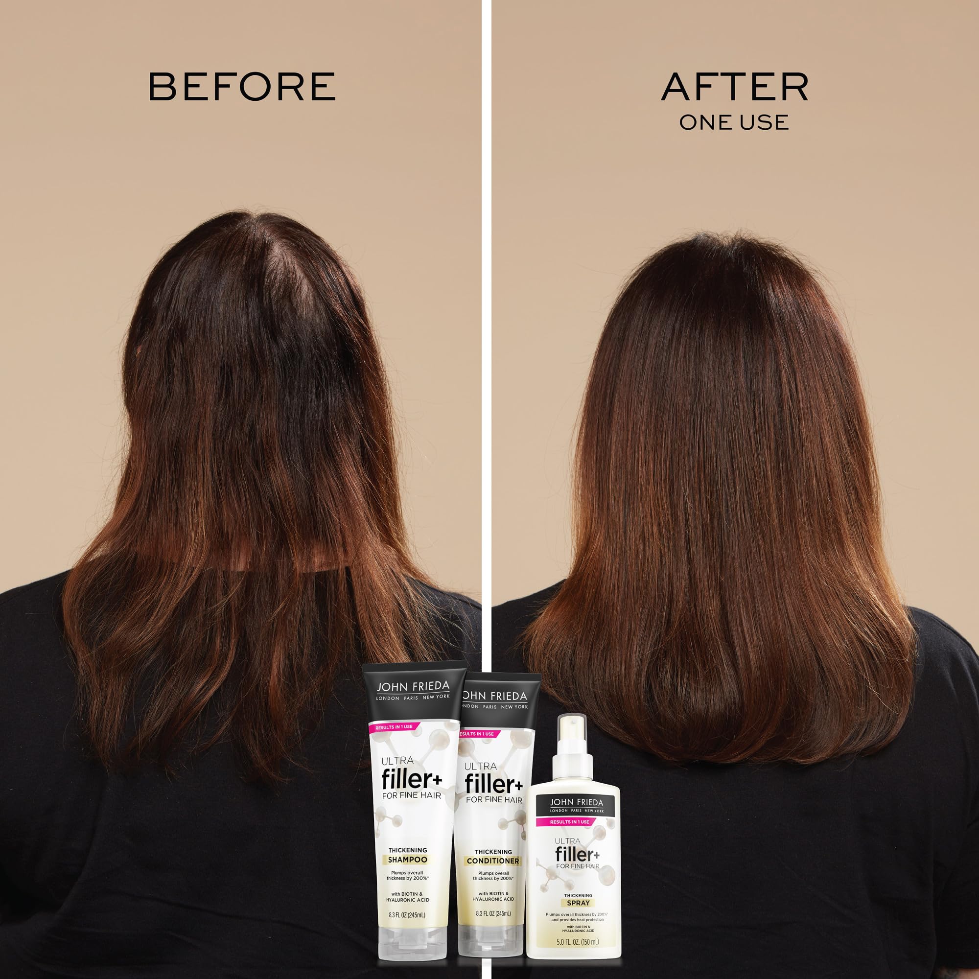 John Frieda ULTRAfiller+ conditioner label showcases vegan-friendly formula for volume.