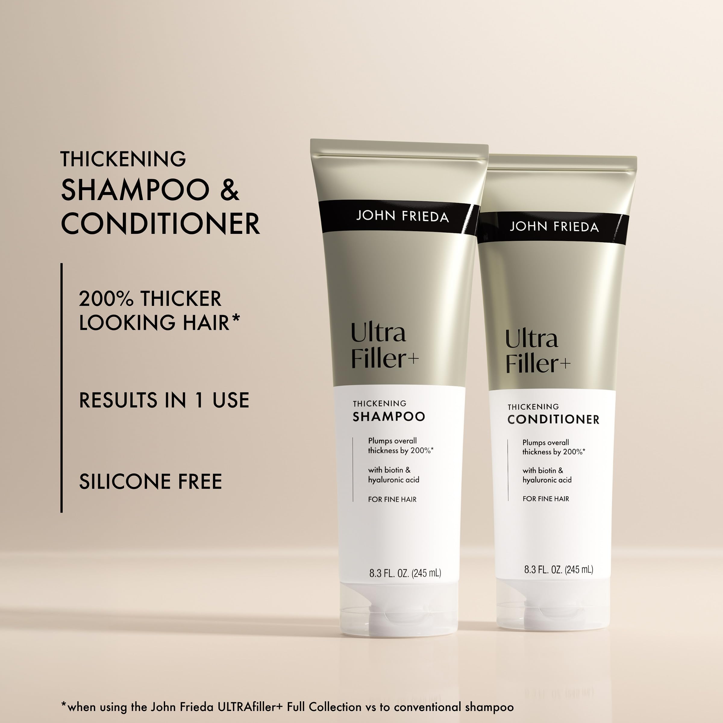 John Frieda Ultrafiller+ ingredient panel features biotin and hyaluronic acid.