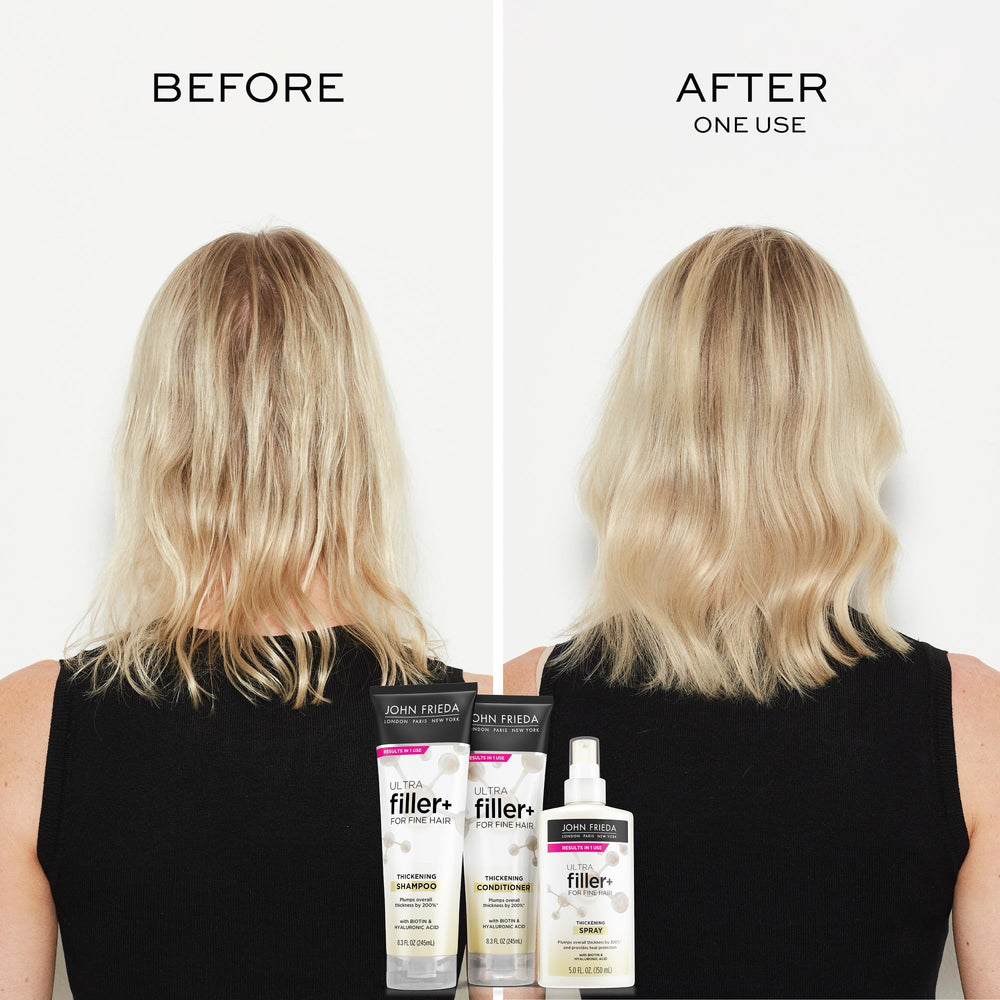 John Frieda ULTRAfiller+ shampoo beside conditioner for thicker results.