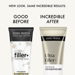 John Frieda Ultrafiller+ thickening conditioner tube emphasizes hydration for fuller-looking hair.