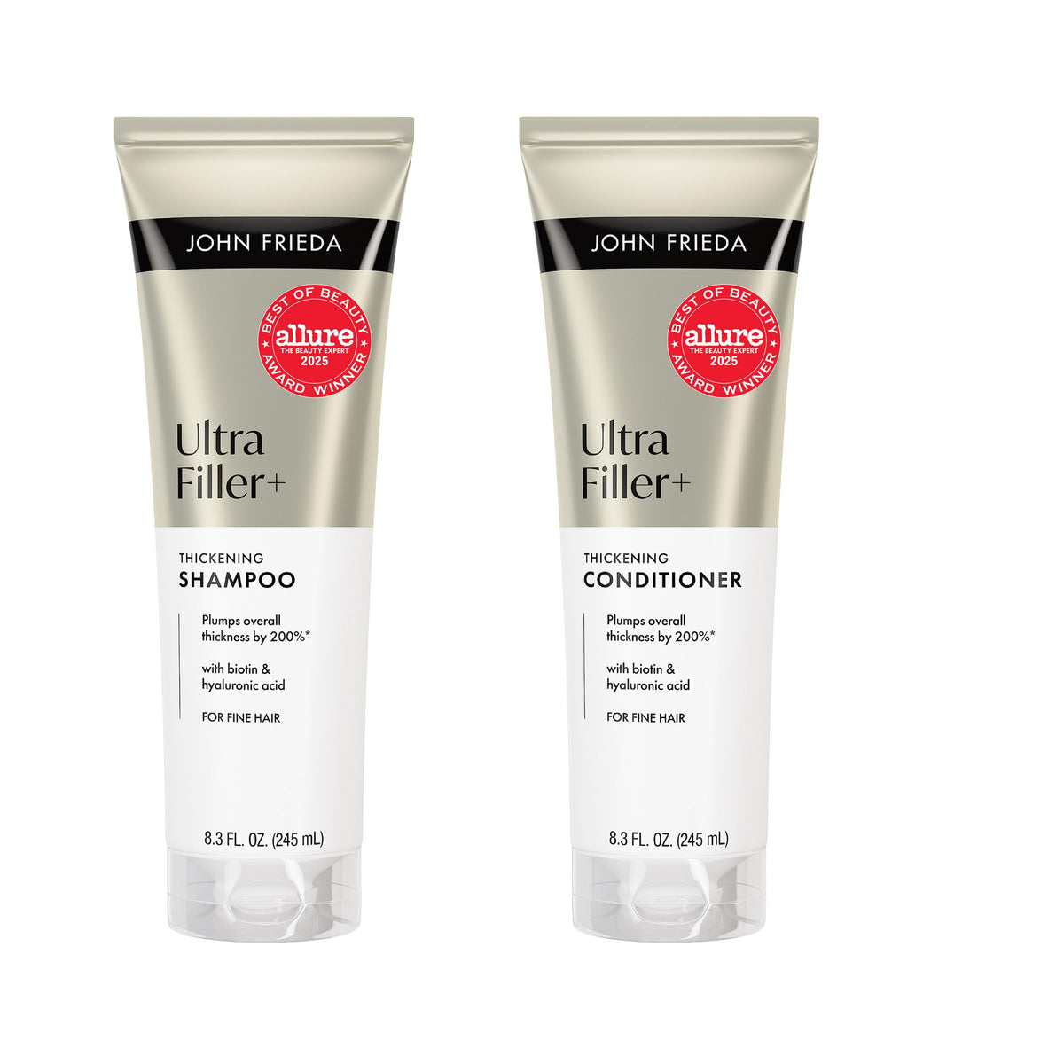 John Frieda Ultrafiller+ thickening shampoo bottle demonstrates instant thickening potential.