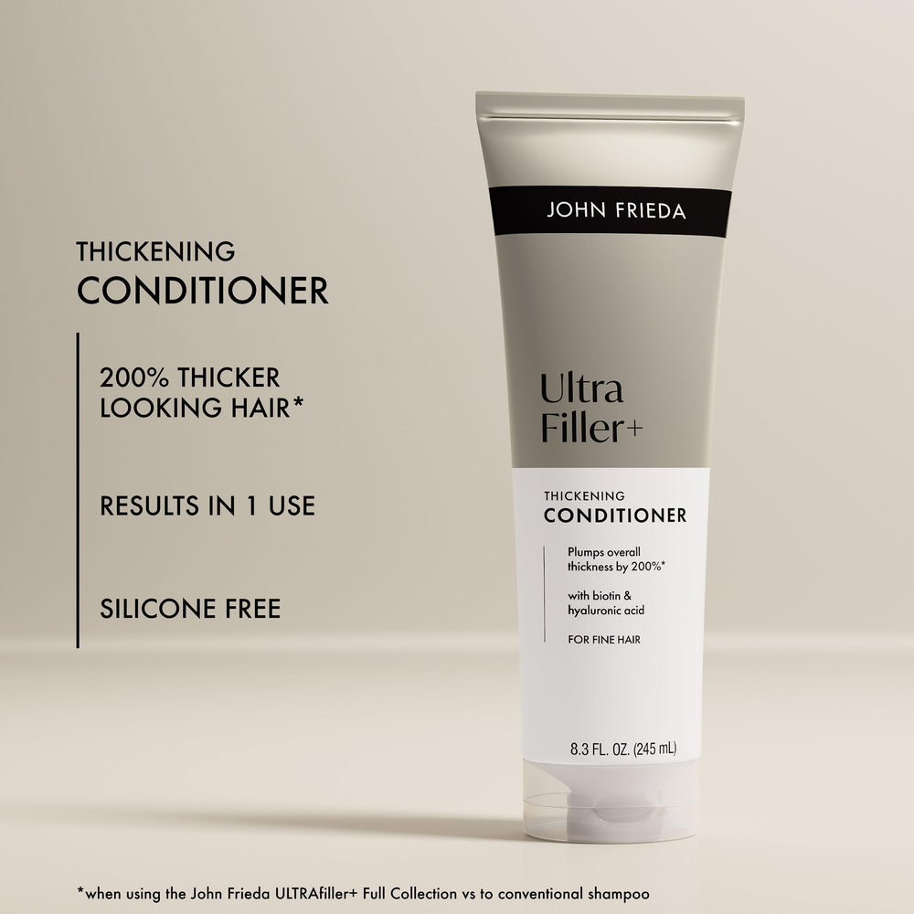 John Frieda ULTRAfiller+ system graphic shows shampoo, conditioner, and spray for thicker hair.
