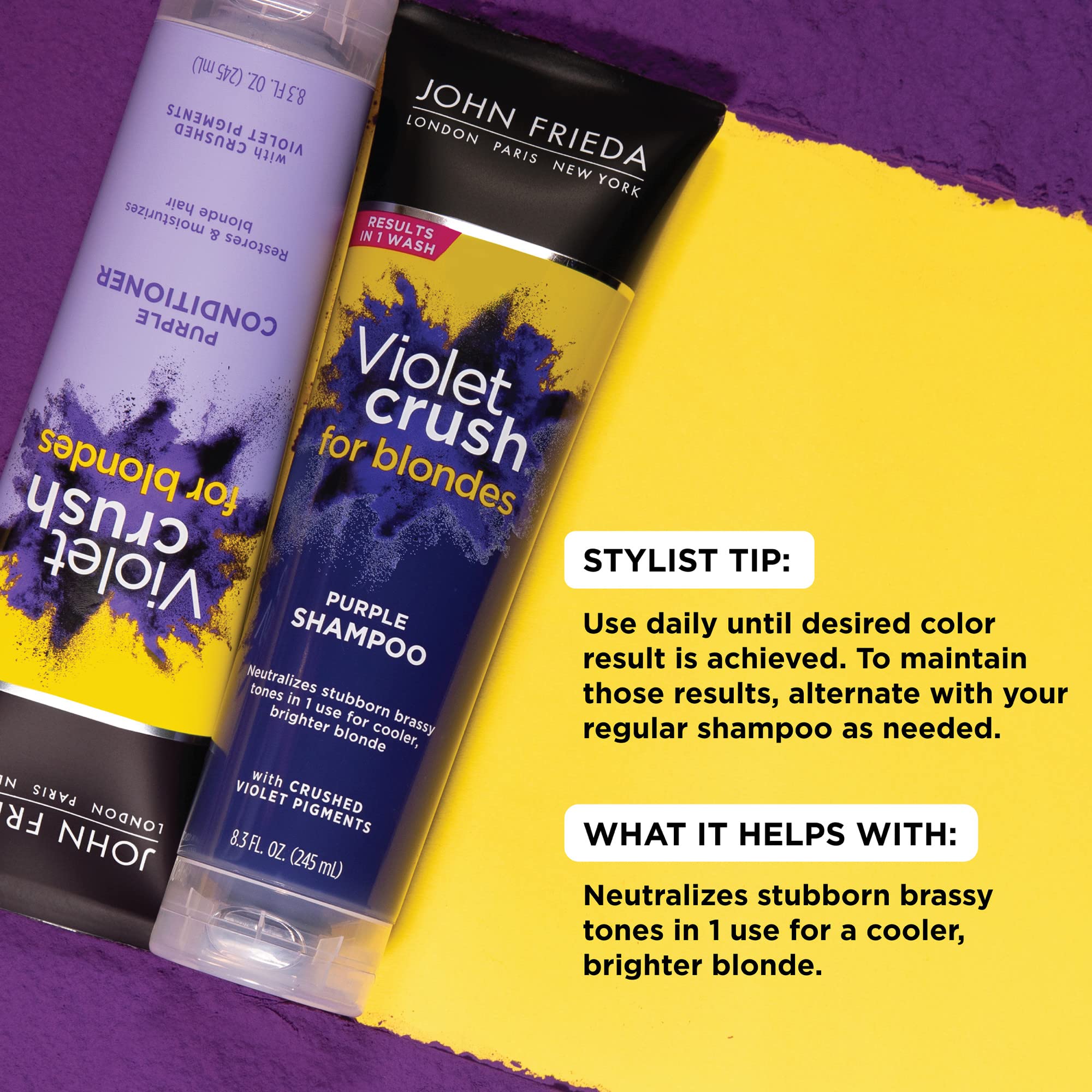 John Frieda Violet Crush conditioner tube moisturizes while maintaining cool blonde.