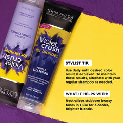John Frieda Violet Crush conditioner tube moisturizes while maintaining cool blonde.