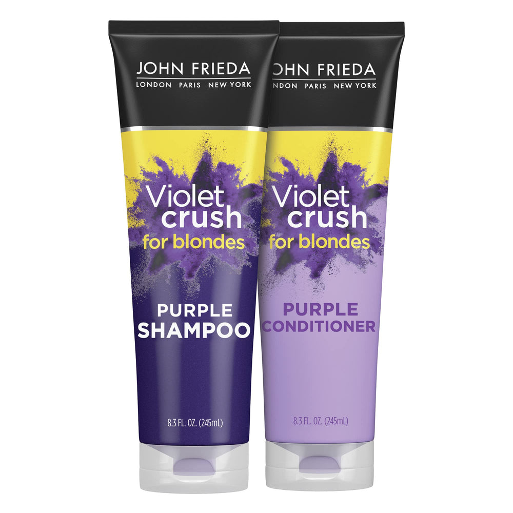 John Frieda Violet Crush shampoo bottle, neutralizing brassy tones for cooler blonde.