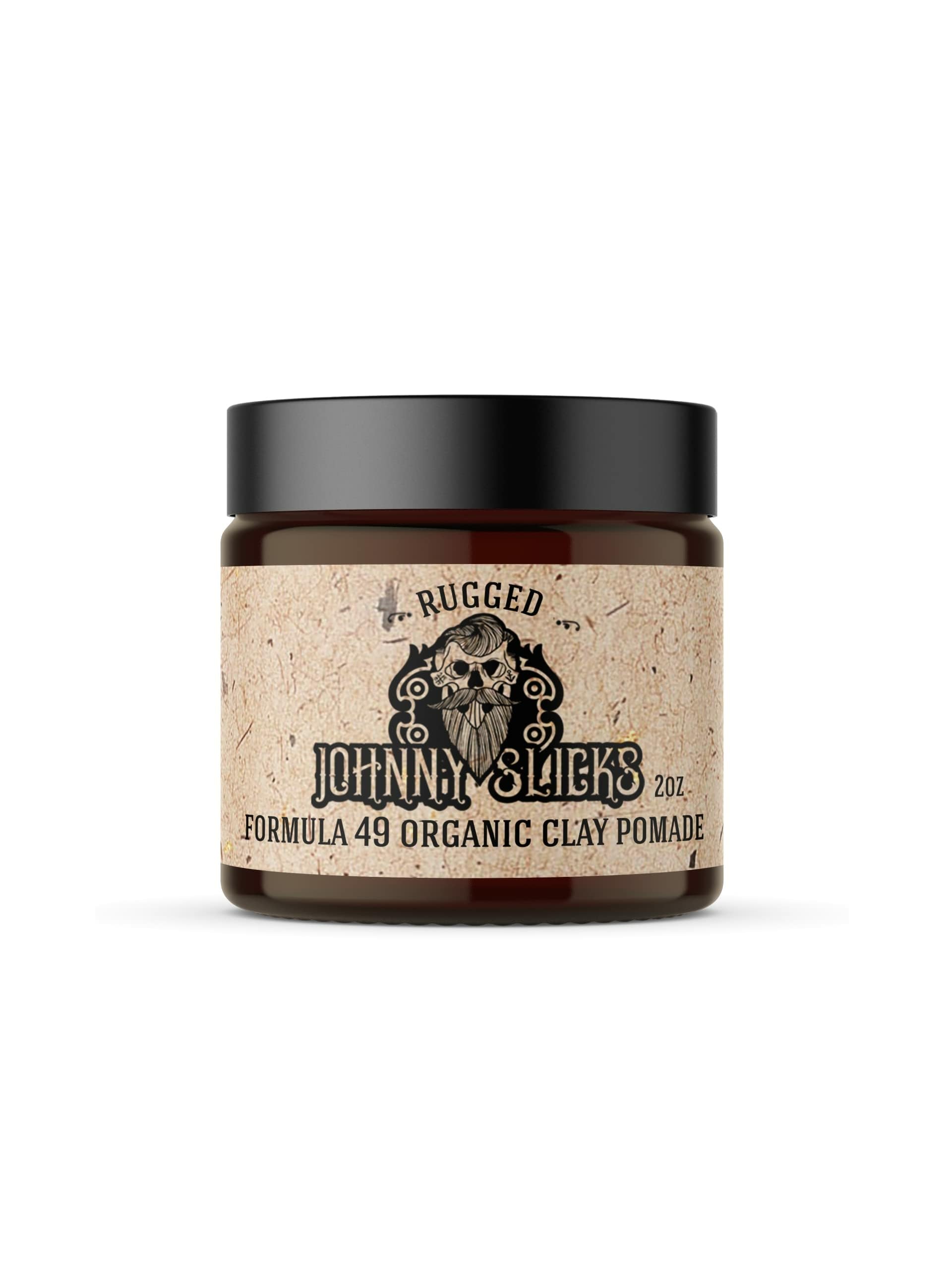 Johnny Slicks Formula 49 clay jar showing natural finish and firm hold.