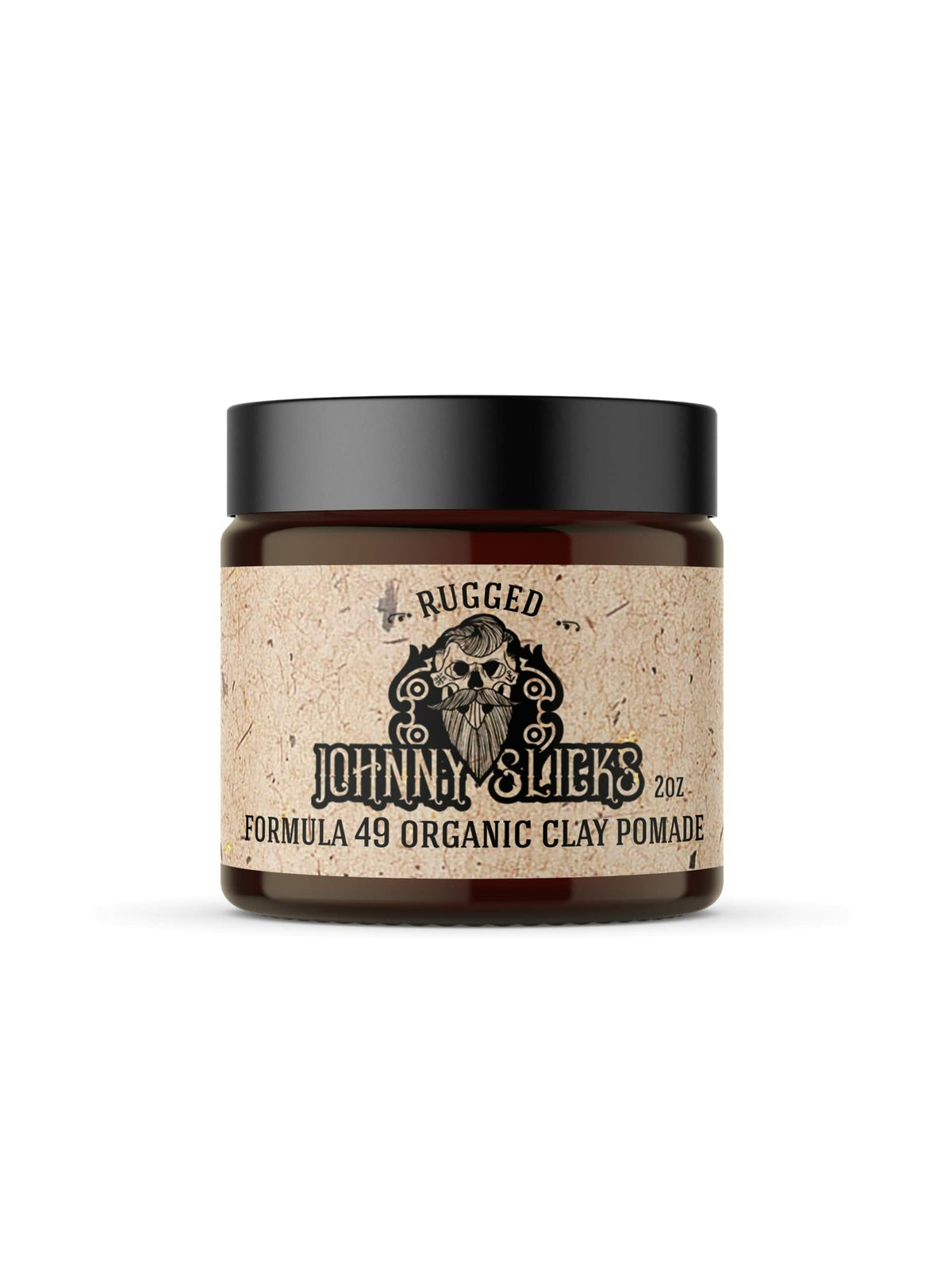 Johnny Slicks Formula 49 clay jar showing natural finish and firm hold.