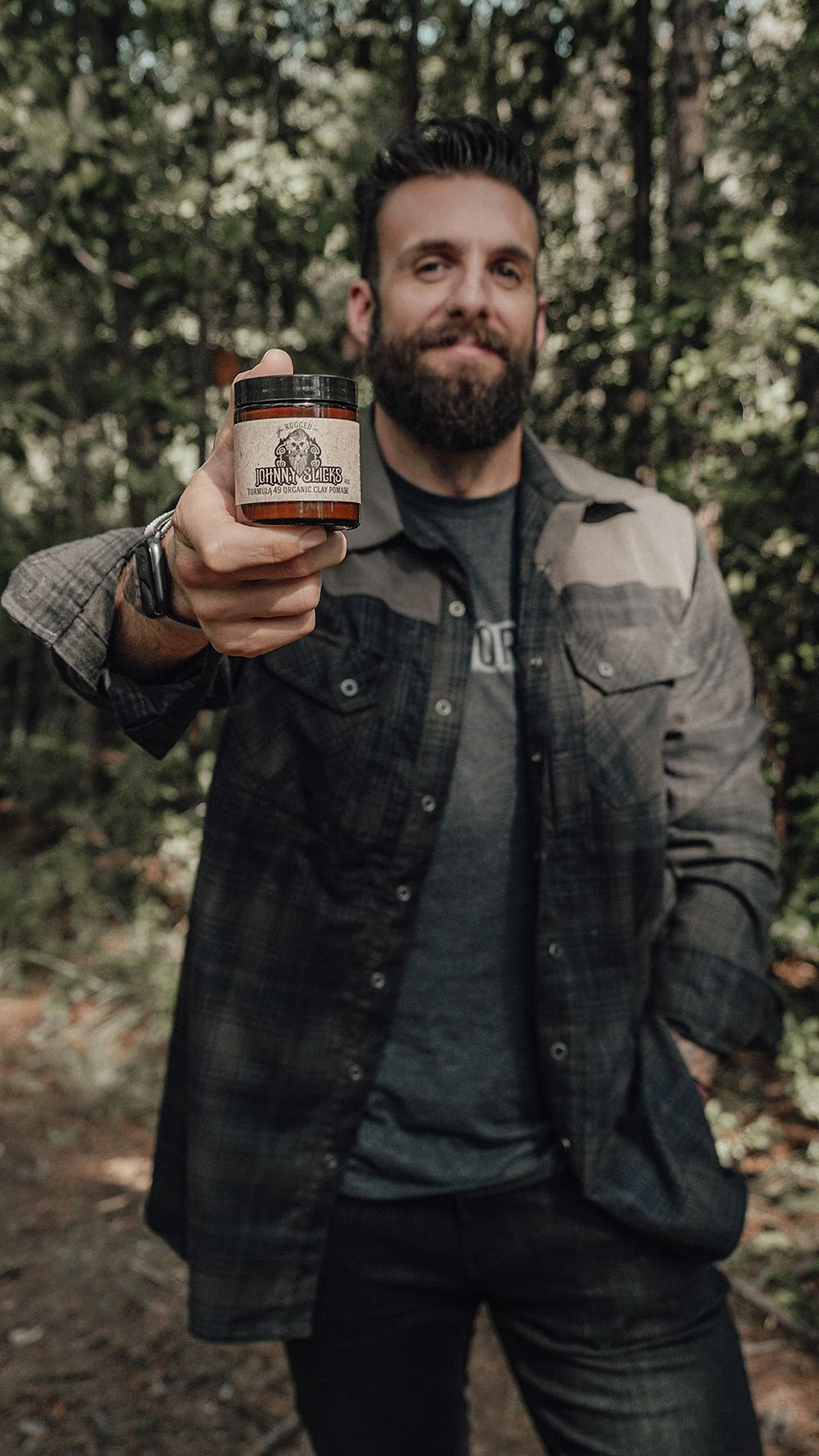 Johnny Slicks rugged scent with juniper, cedarwood, and tobacco.