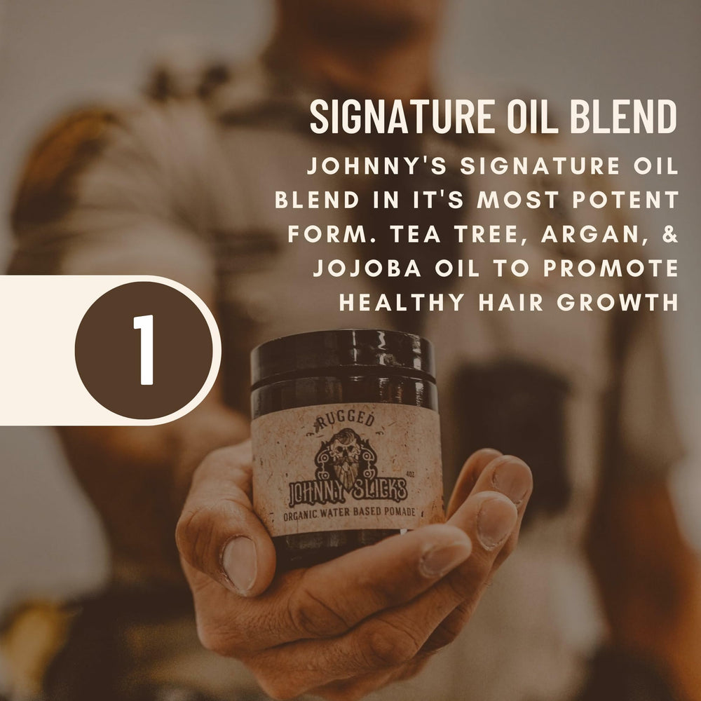 Johnny Slicks ingredients panel showing nourishing oils for hair and skin hydration.