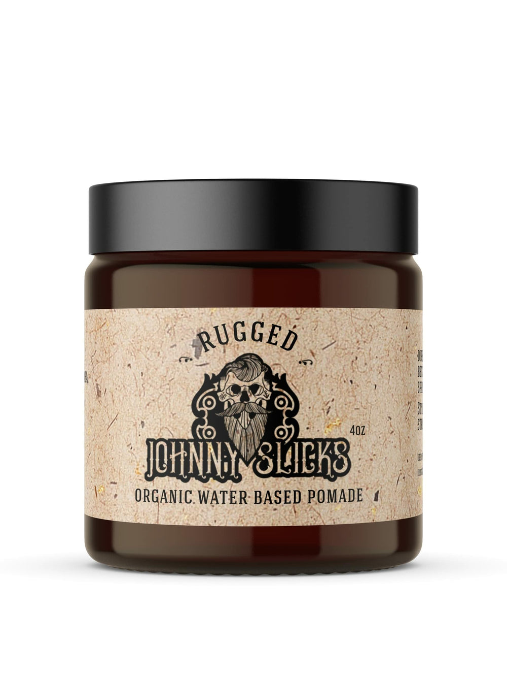 Johnny Slicks water-based pomade jar showing strong hold and high shine for a sleek look.