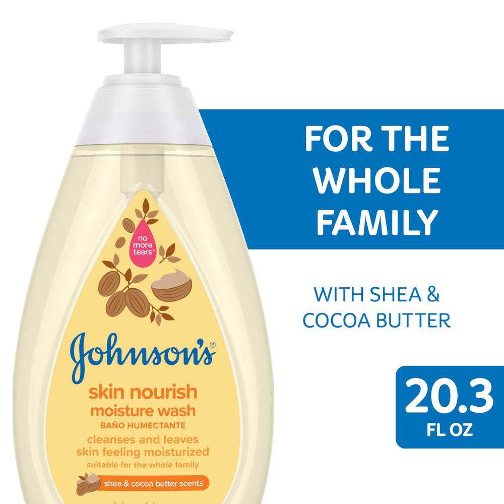 Family bath time scene with kids and adults using Johnson's Skin Nourish wash