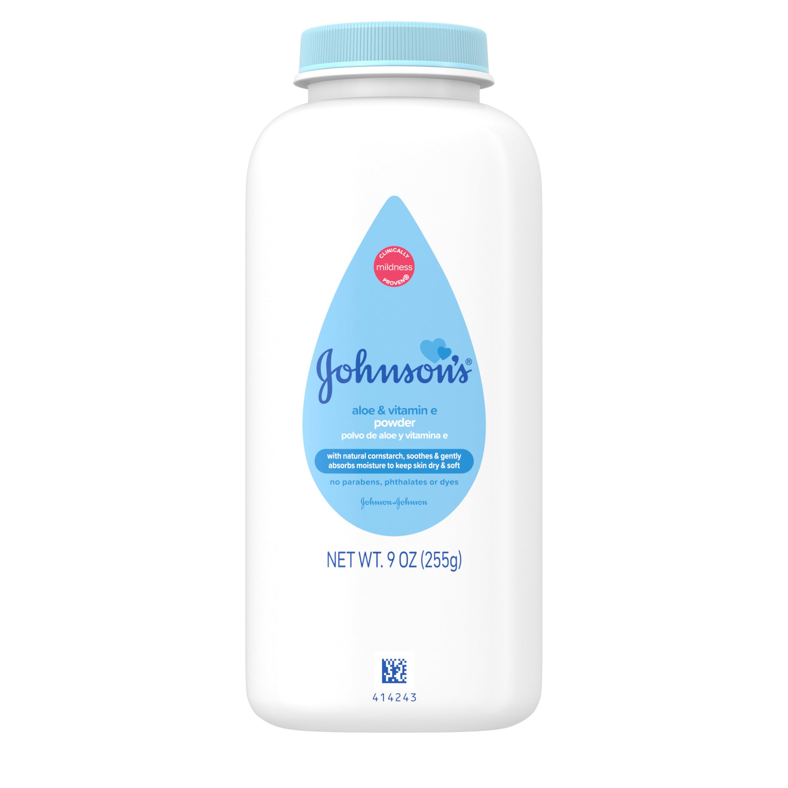 Johnson's Baby cornstarch powder packaging with Aloe and Vitamin E for delicate skin