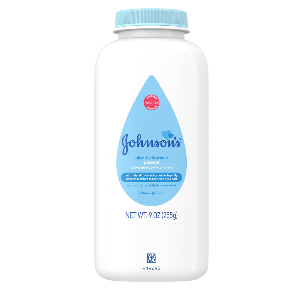 Johnson's Baby cornstarch powder packaging with Aloe and Vitamin E for delicate skin