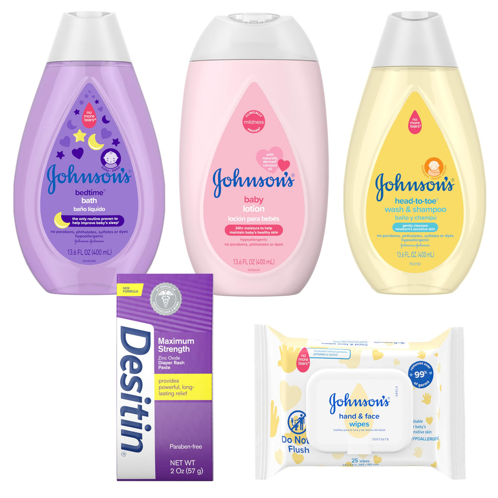 Johnson's Baby Here Comes Baby Gift Set Hand & Face Wipes offer quick, water-free refreshes on the go.