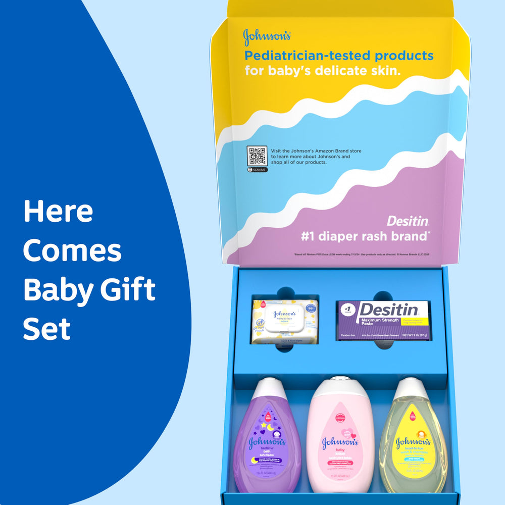 Johnson's Baby Here Comes Baby Gift Set Head-To-Toe Wash & Shampoo cleanses skin and hair gently.