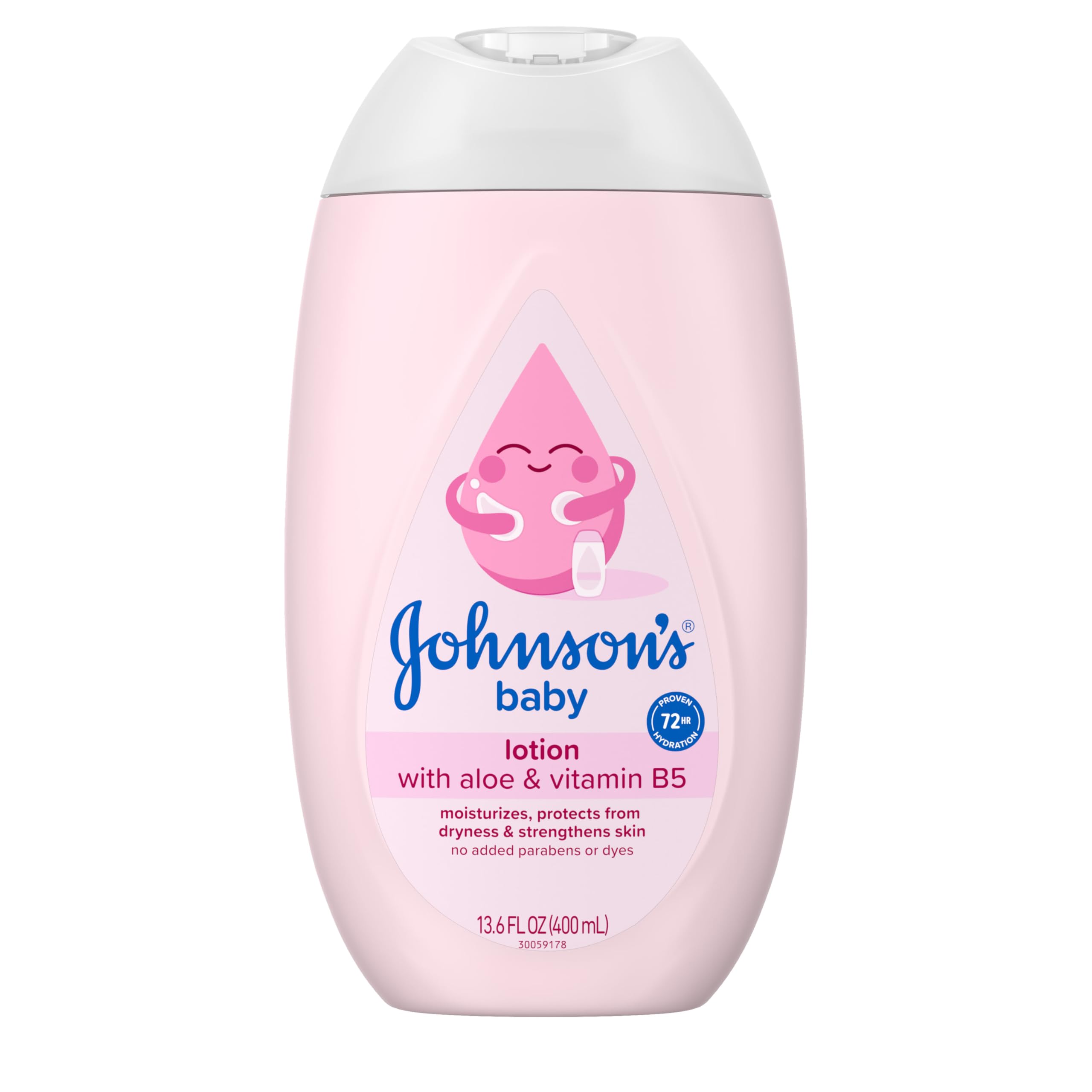 Johnson's Baby Lotion bottle showing coconut oil and Aloe Vera for 72-hour hydration
