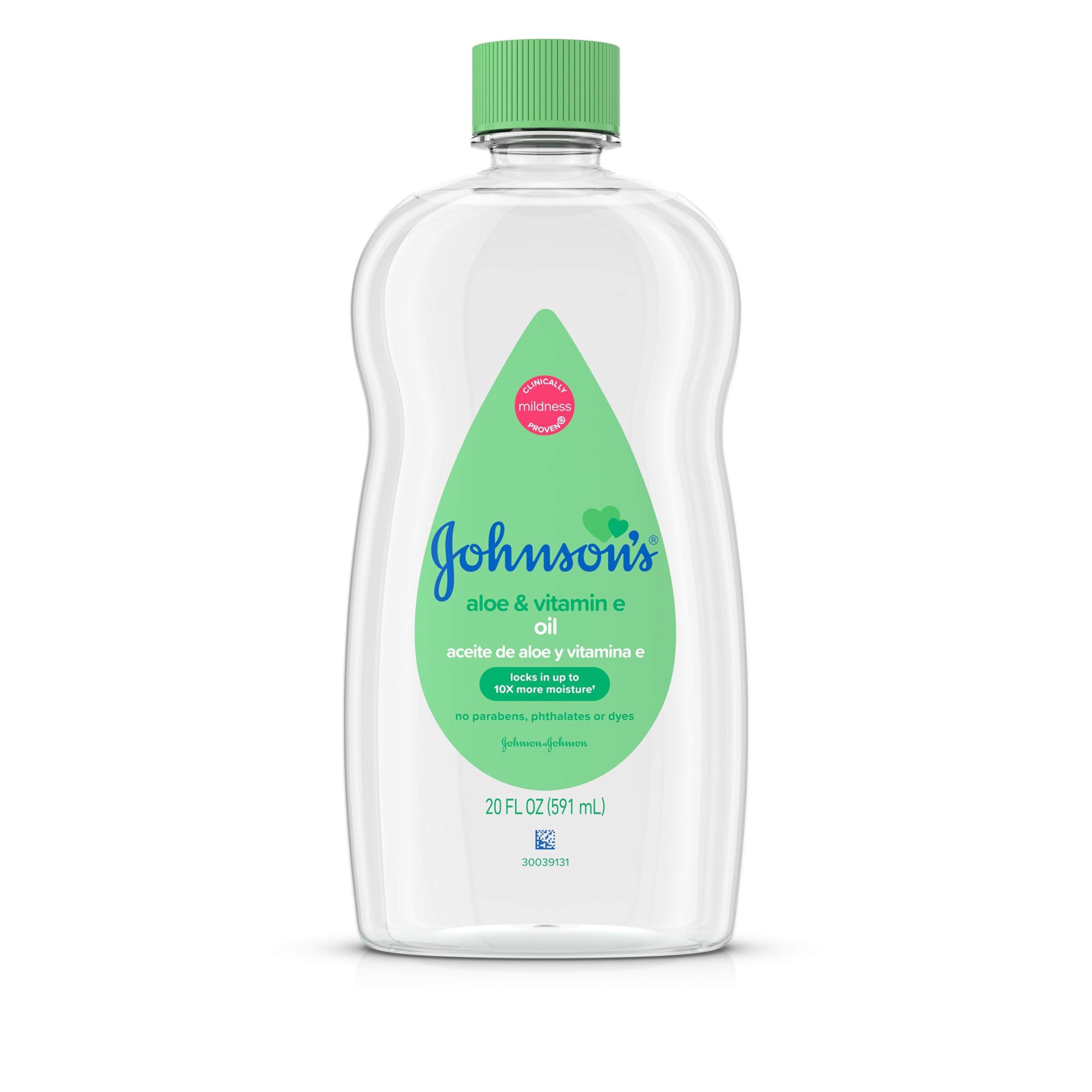 Johnson's Baby Oil bottle close-up showing a gentle formula for delicate skin.