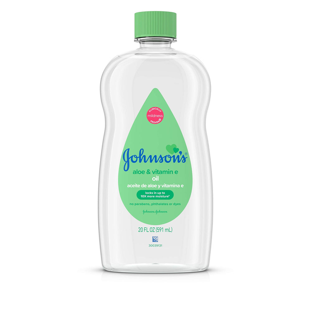 Johnson's Baby Oil bottle close-up showing a gentle formula for delicate skin.