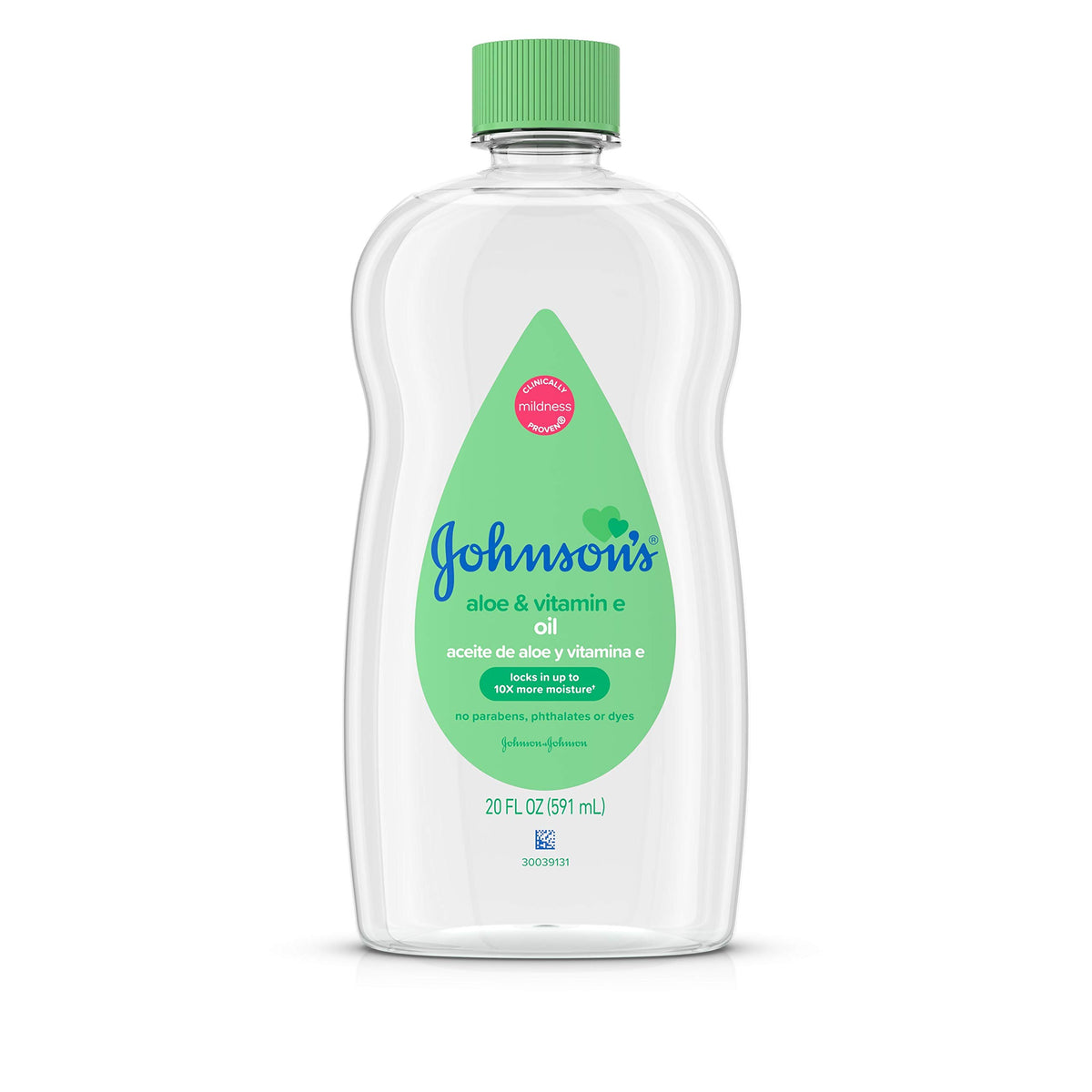 Johnson's Baby Oil bottle close-up showing a gentle formula for delicate skin.