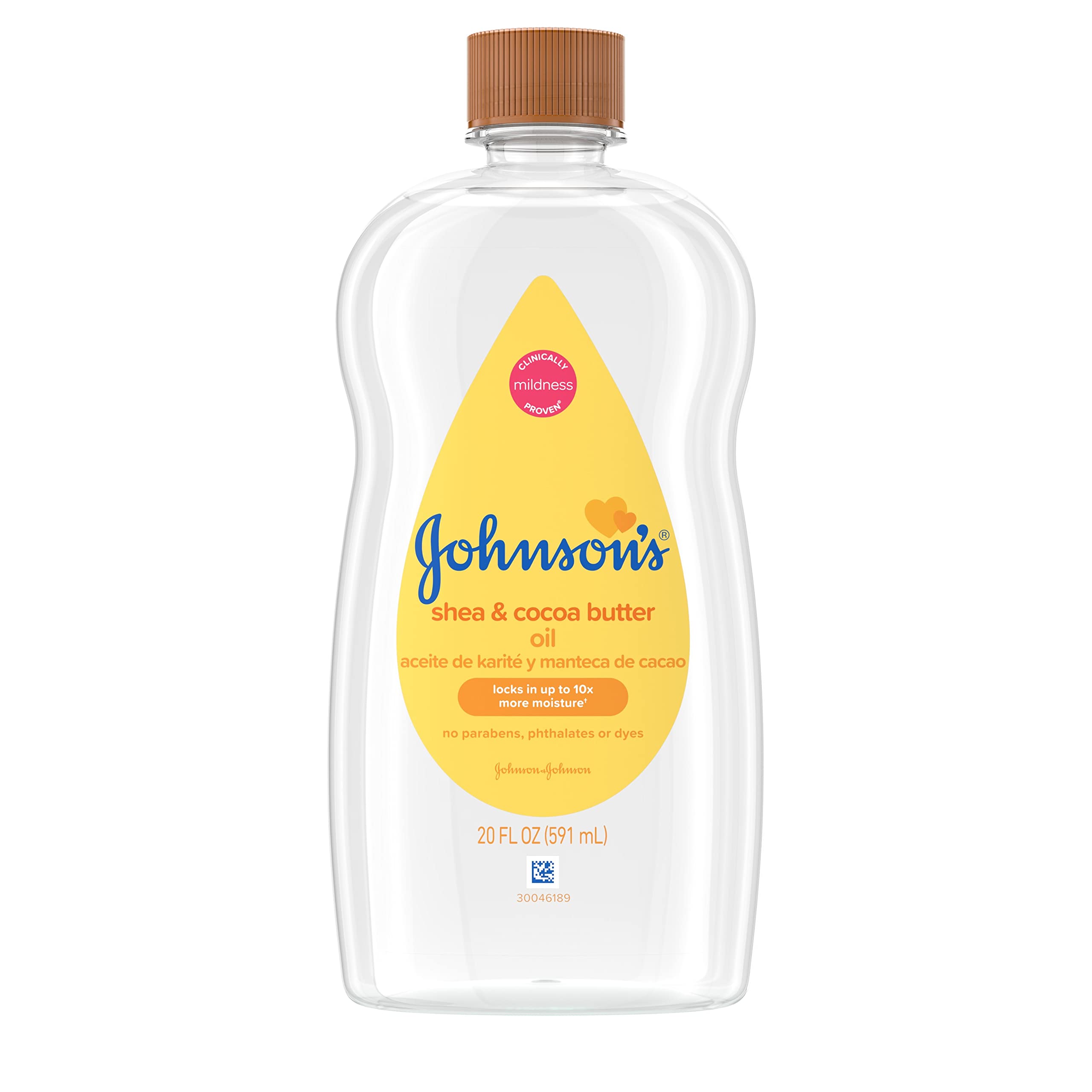 Johnson's Baby Oil bottle closeup, mineral oil for gentle moisture on skin.