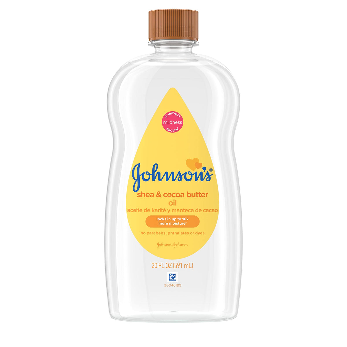Johnson's Baby Oil bottle closeup, mineral oil for gentle moisture on skin.