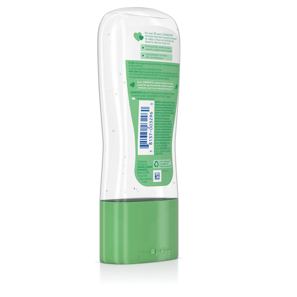 Johnson's Baby Oil Gel hypoallergenic label highlights gentle, safe care