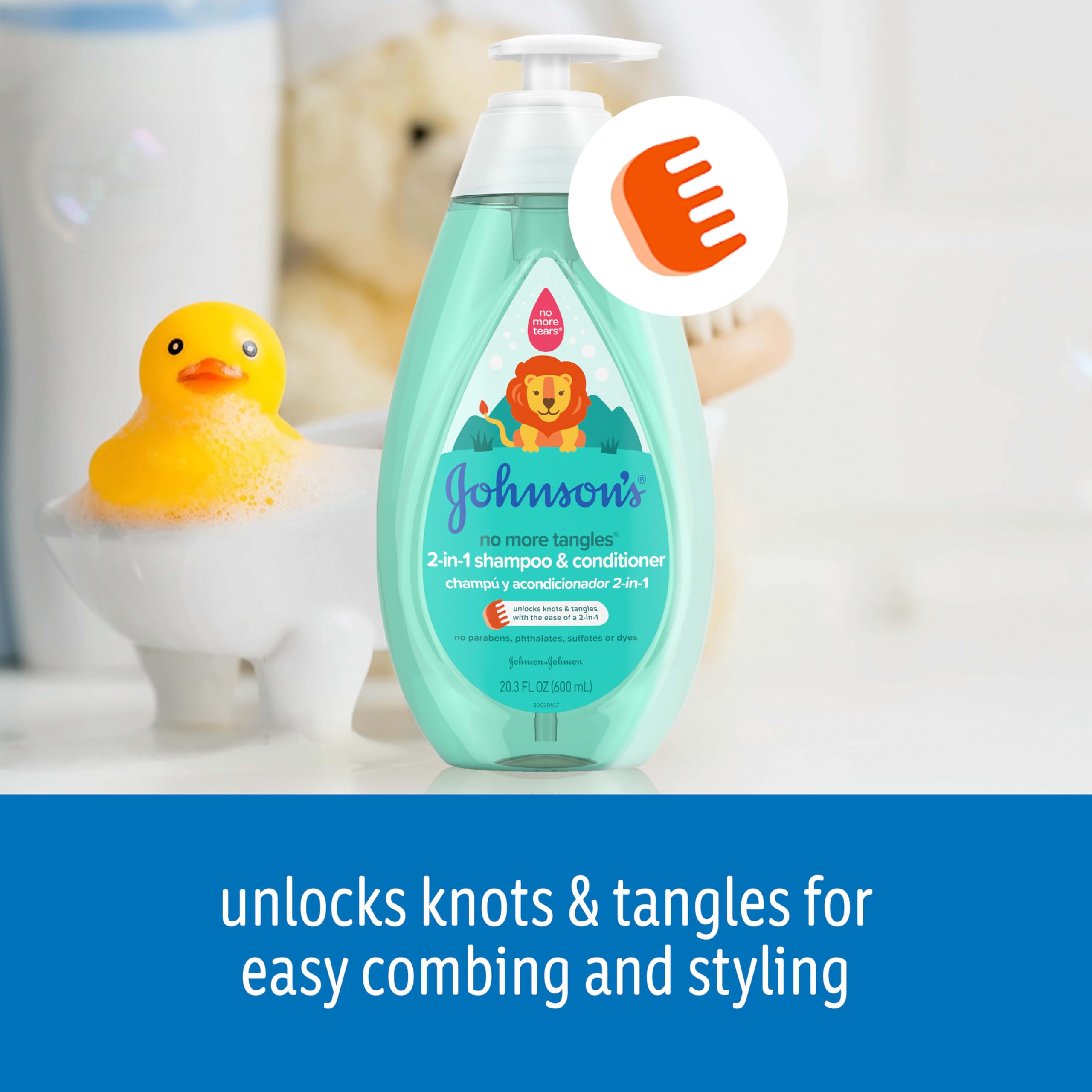 Johnson's No More Tangles bottle pour demonstrates easy detangling.