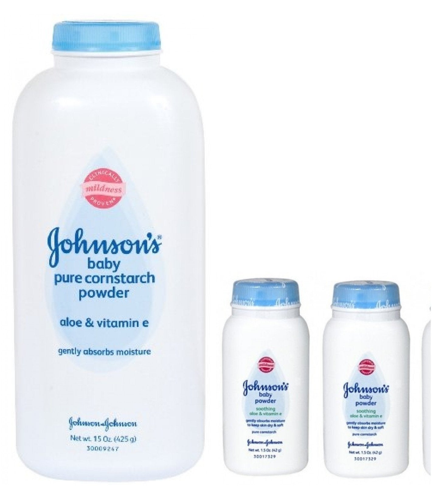 Johnson's Pure Cornstarch Travel Size 1.5oz pack for on-the-go moisture absorption.