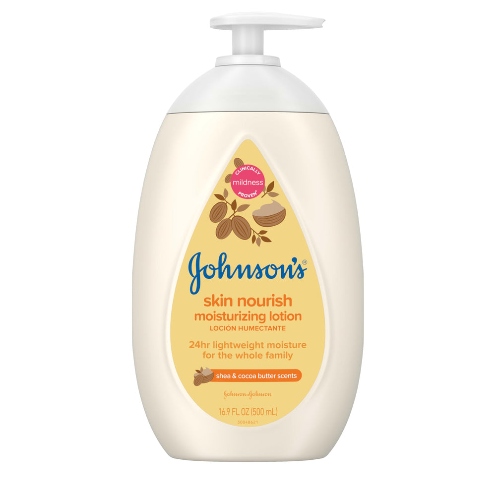 Johnson's Skin Nourish bottle front showing 16.9 oz of moisture for all-day care