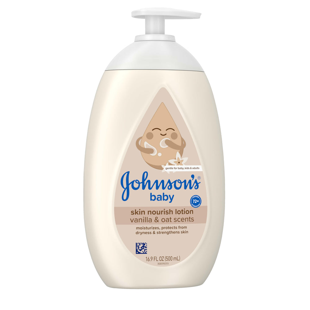 Johnson's Skin Nourishing Baby Lotion packaging shows 50% recycled plastic.