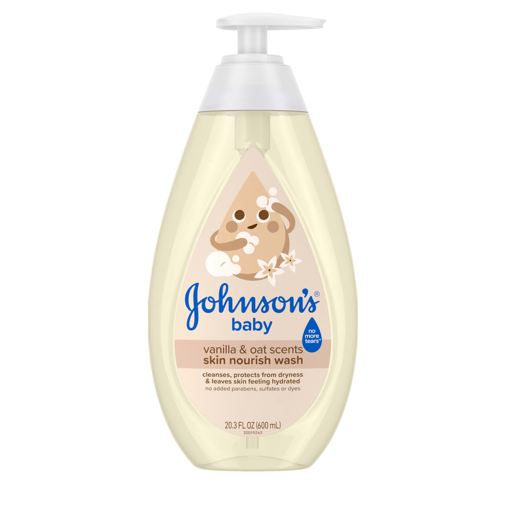 Johnson's Skin Nourishing Moisture bottle front with vanilla oat scent for gentle cleansing