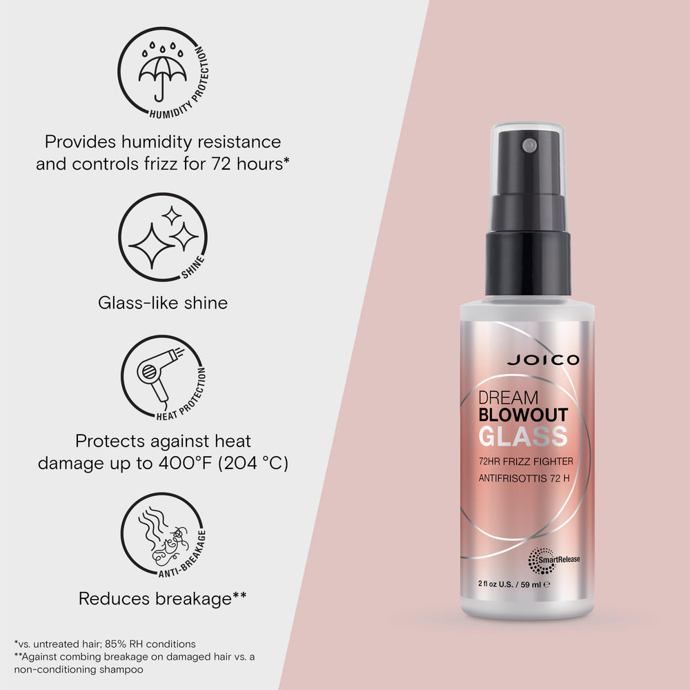 Joico Dream Blowout Glass heat-activated barrier locks in style.