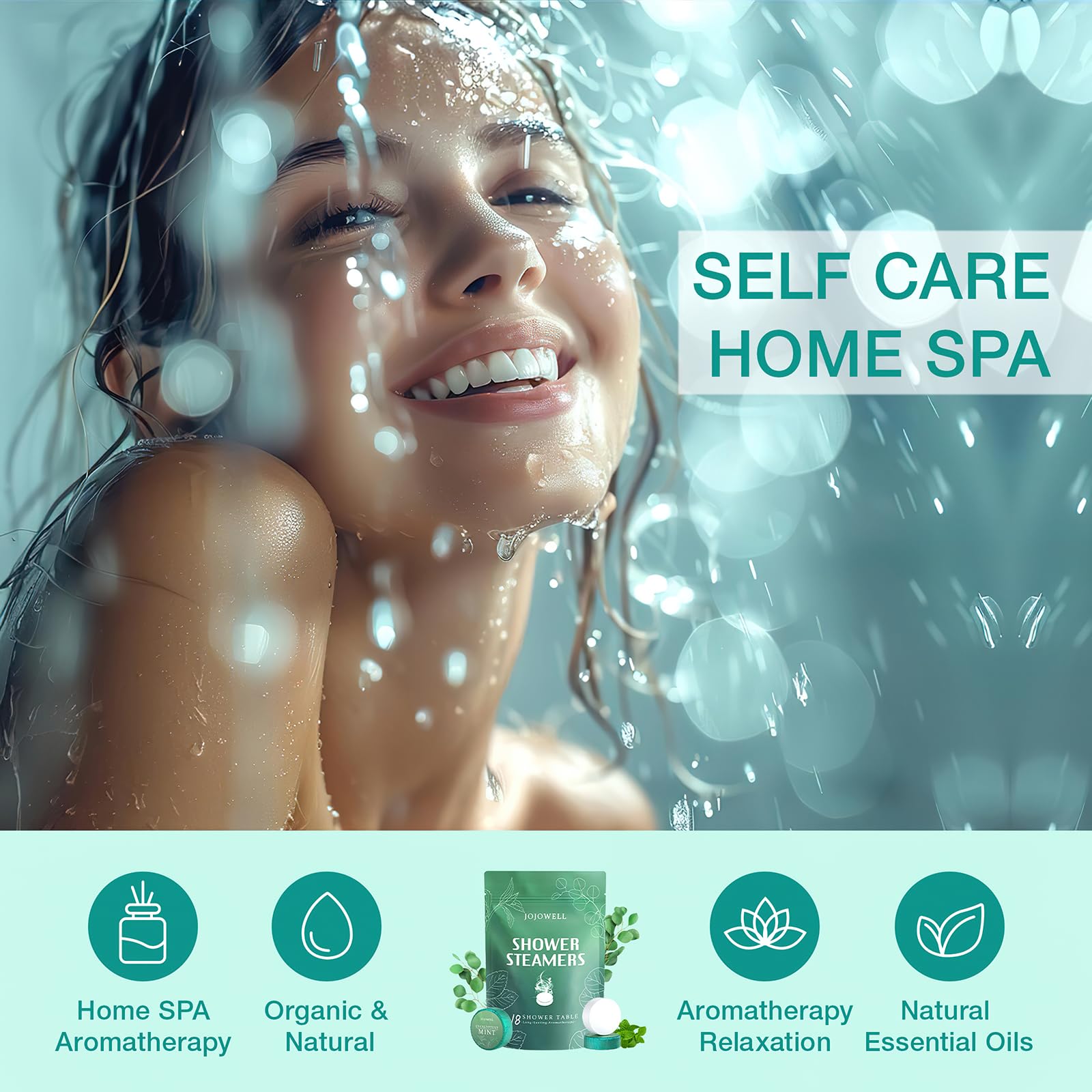JoJowell eucalyptus-mint steamers in the shower promoting a refreshing ritual.