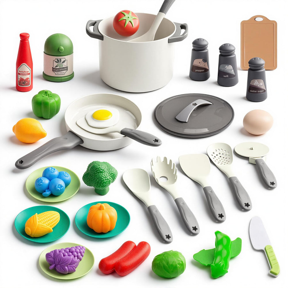 JOKERKING 35-piece kids kitchen pink cookware set enables imaginative pretend play.