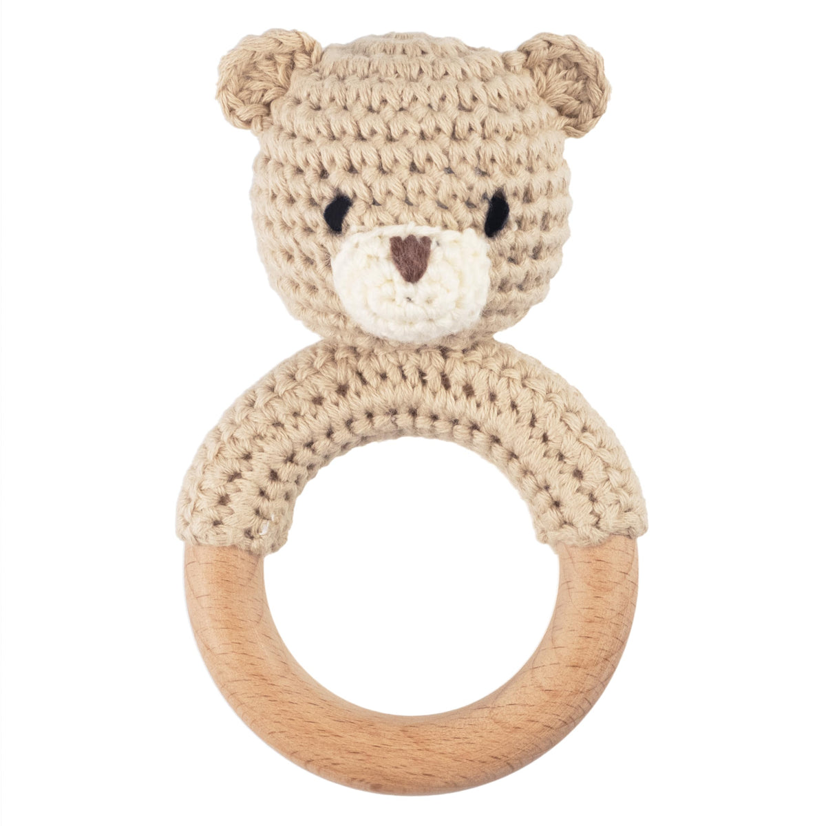 Joliecraft Safari bear rattle with crochet texture and soft sound for newborns